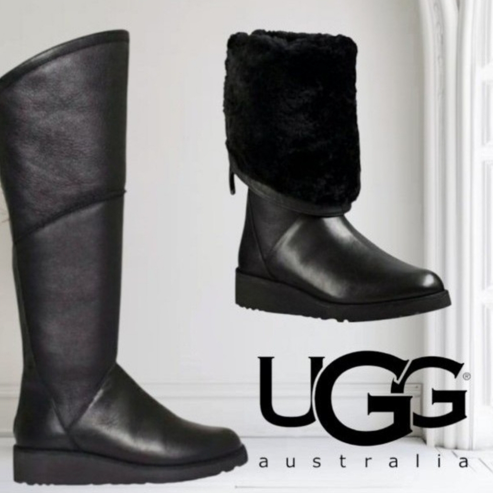 UGG Knee High Boots Tall LEATHER Real Shearling LINED WEDGE HEEL Size 5.5 Womens